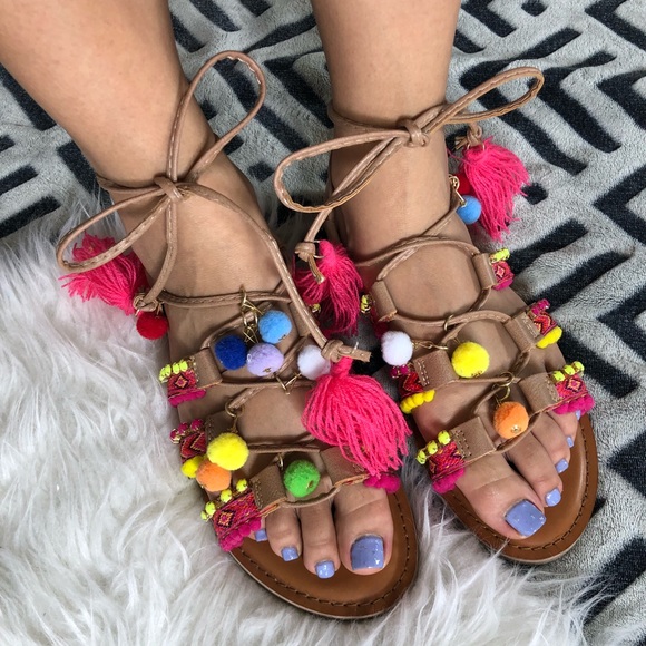pom pom strappy heels